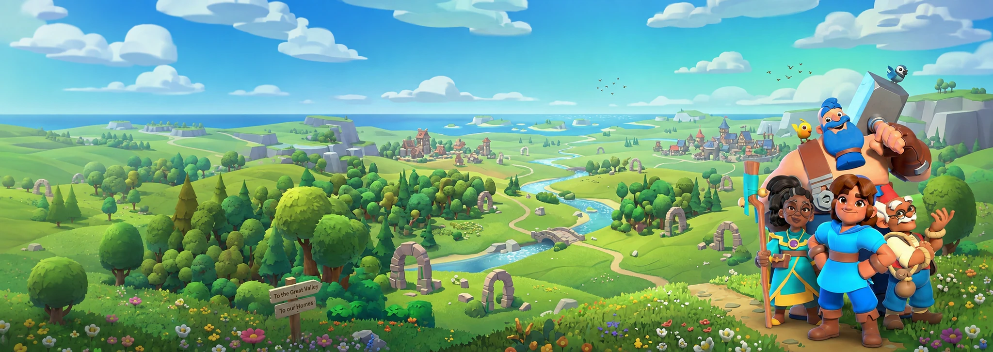 Everdale characters stand at the right of a green valley with villages, a winding river, stone arches, and distant coastal cliffs.