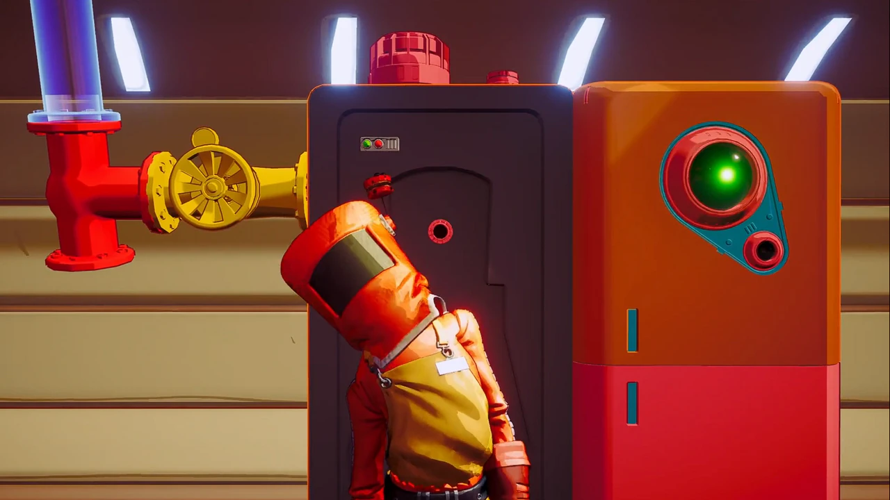An orange-suited worker leans against dark machinery beside an orange refrigerator with a green lens.
